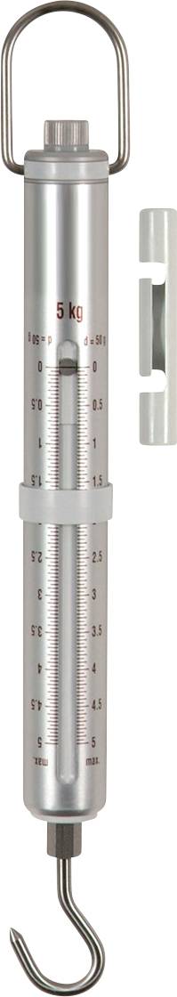 Bilancia a sospensione con scala fino a 5 kg, custodia in metallo e gancio inferiore. Adatta per pesare oggetti di piccole dimensioni.