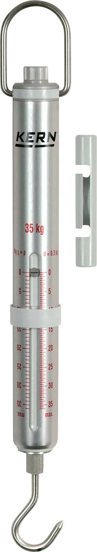 Bilancia a molla con custodia in metallo e gancio, calibrata fino a 35 kg. Adatta per pesate precise in laboratori e officine.