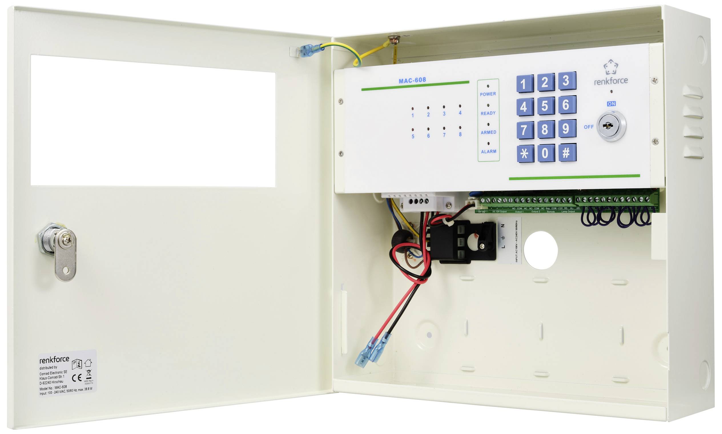 Sistema di sicurezza con coperchio aperto. Mostra il campo dei comandi con tasti e connessioni per cavi. Viti e foro della serratura visibili.