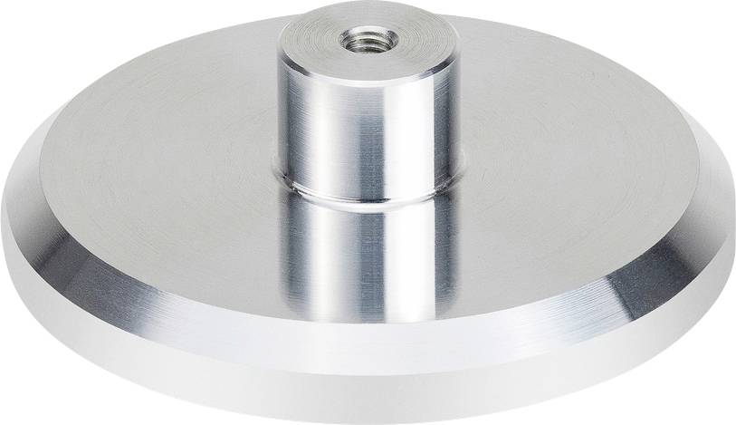 Un disco metallico circolare con un supporto cilindrico rialzato al centro, probabilmente utilizzato per il fissaggio o come base.