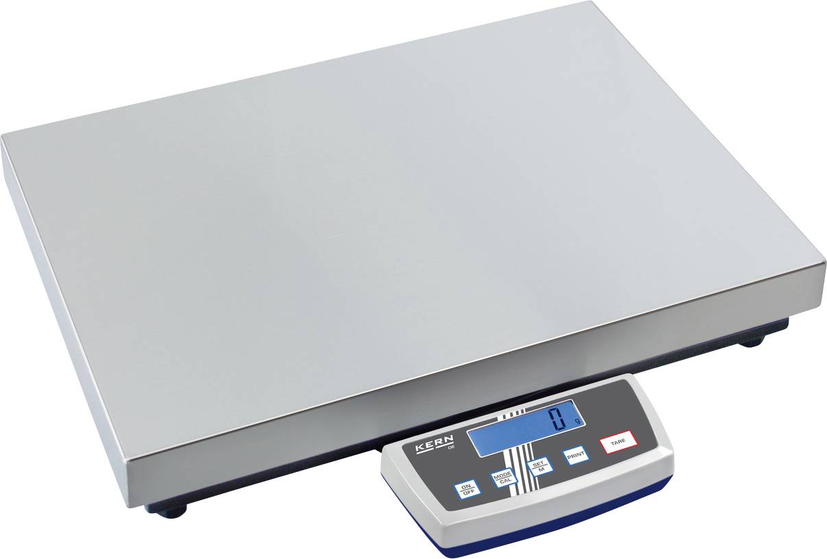 Bilancia digitale con ampia piattaforma rettangolare e display con illuminazione blu, che mostra '0'. Adatta per pesate precise.