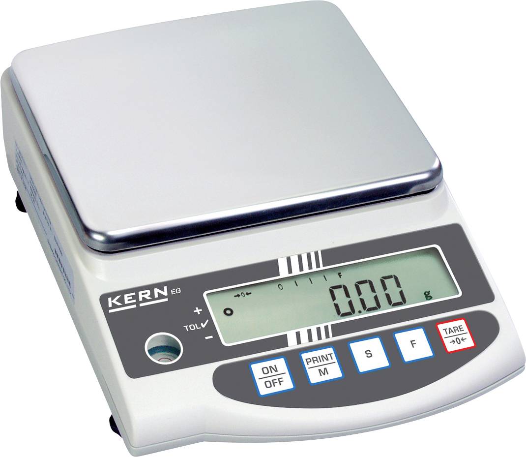 Bilancia elettronica con display digitale che mostra '0.00'. Tasti: 'ON/OFF', 'PRINT', 'TARE'. Marca: KERN. Adatta per pesate precise.