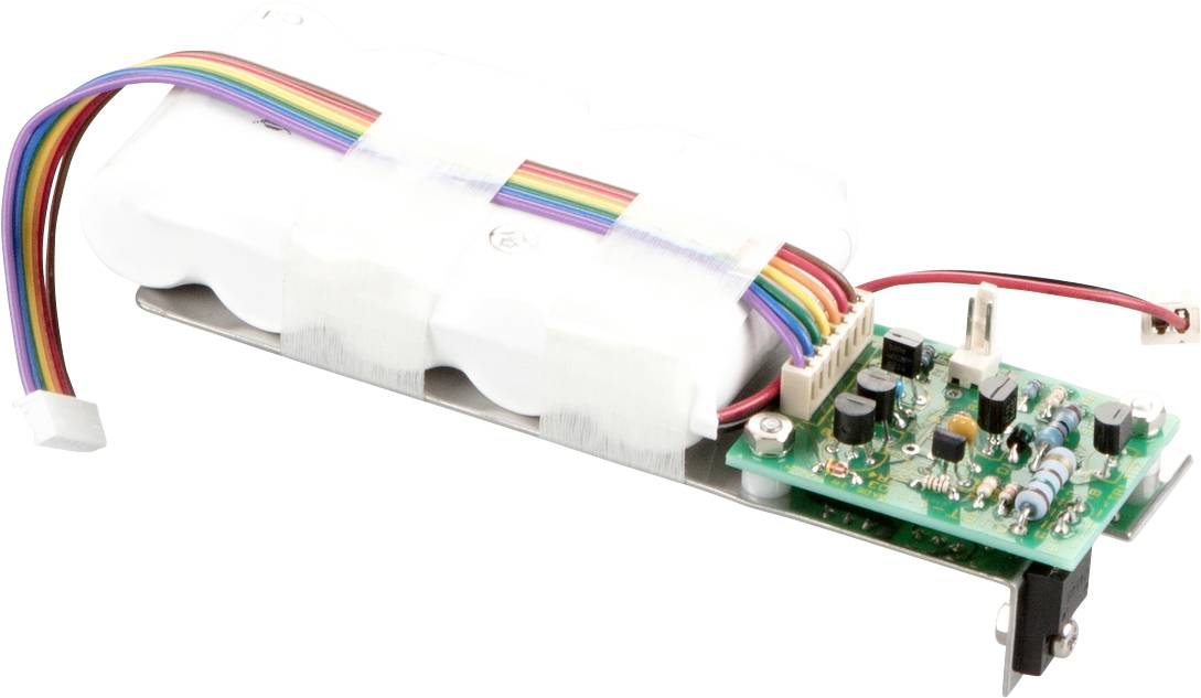 Blocco elettronico di componenti con circuito stampato, con diversi condensatori e componenti; cavi colorati collegati.