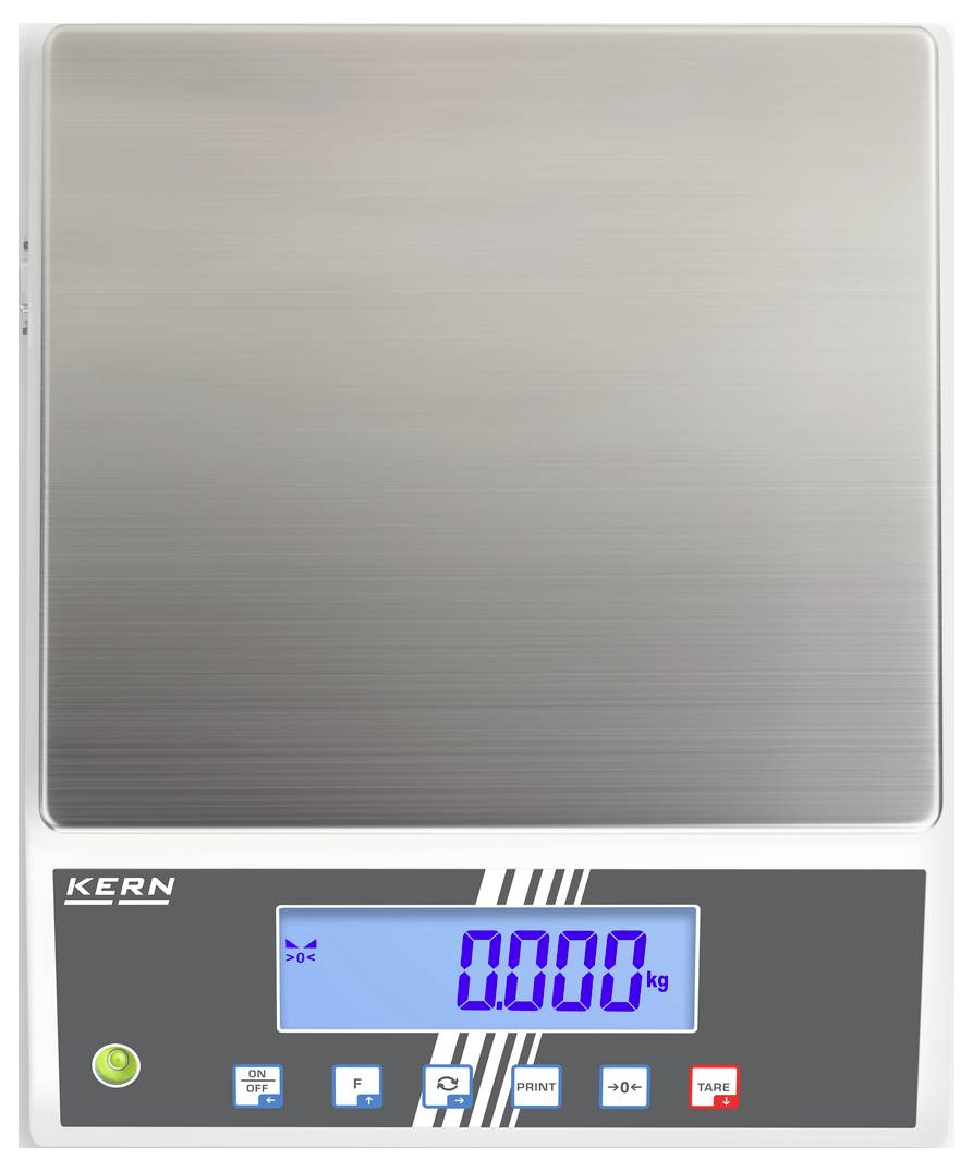 Bilancia digitale da cucina con superficie in acciaio inox, display blu e diversi tasti funzione in basso. Il display del peso mostra '0,000 kg'.