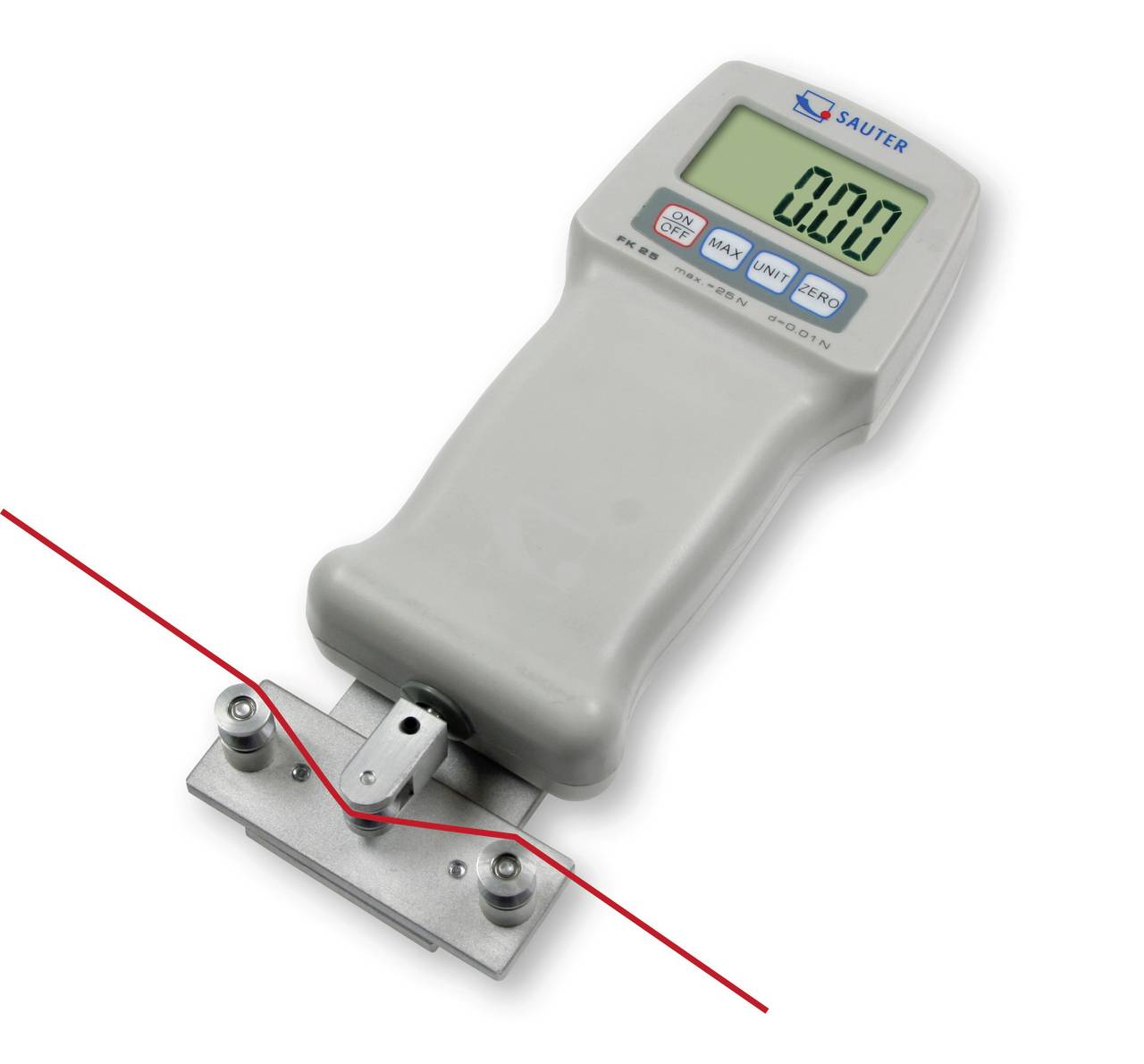 Misuratore di forza digitale per la misurazione della forza di trazione e compressione. Il display mostra '0.00'. Dispositivo con due punti di fissaggio e linea rossa.