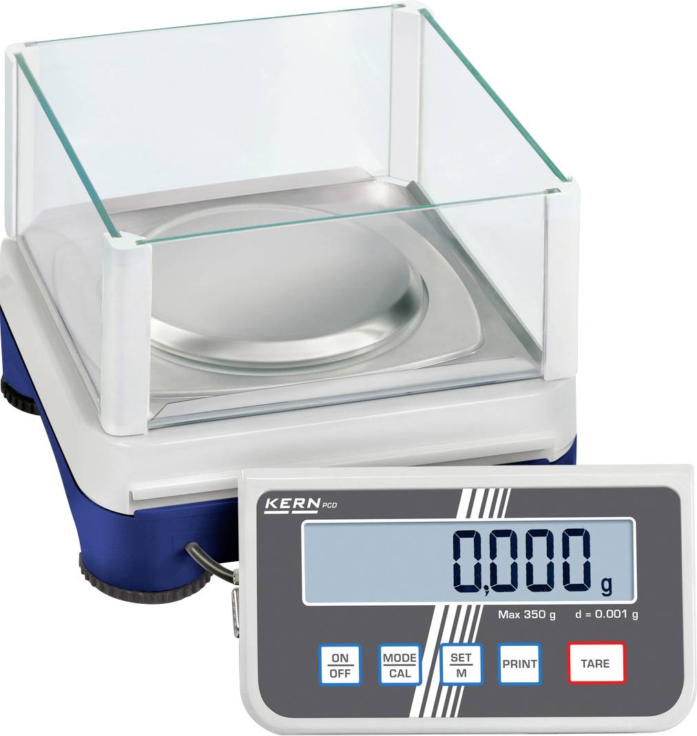 Bilancia digitale di precisione con display grande che mostra '0,000 g'. Capacità massima di 350 g, precisione di 0,001 g. Tasti per diverse funzioni.