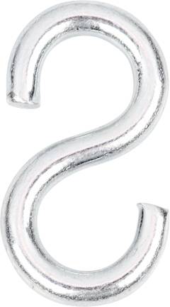 Un gancio metallico argentato a S, utilizzato per appendere o collegare oggetti.