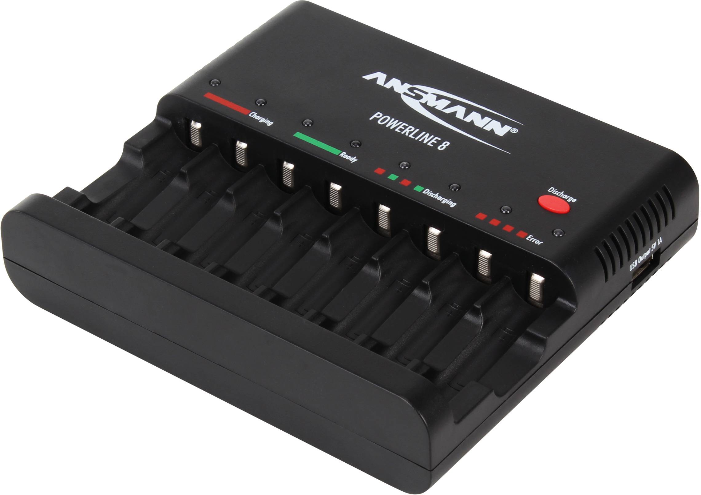 Caricabatterie a otto slot con LED che indicano lo stato di carica. Iscrizione: 'Ansmann Powerline 8'.