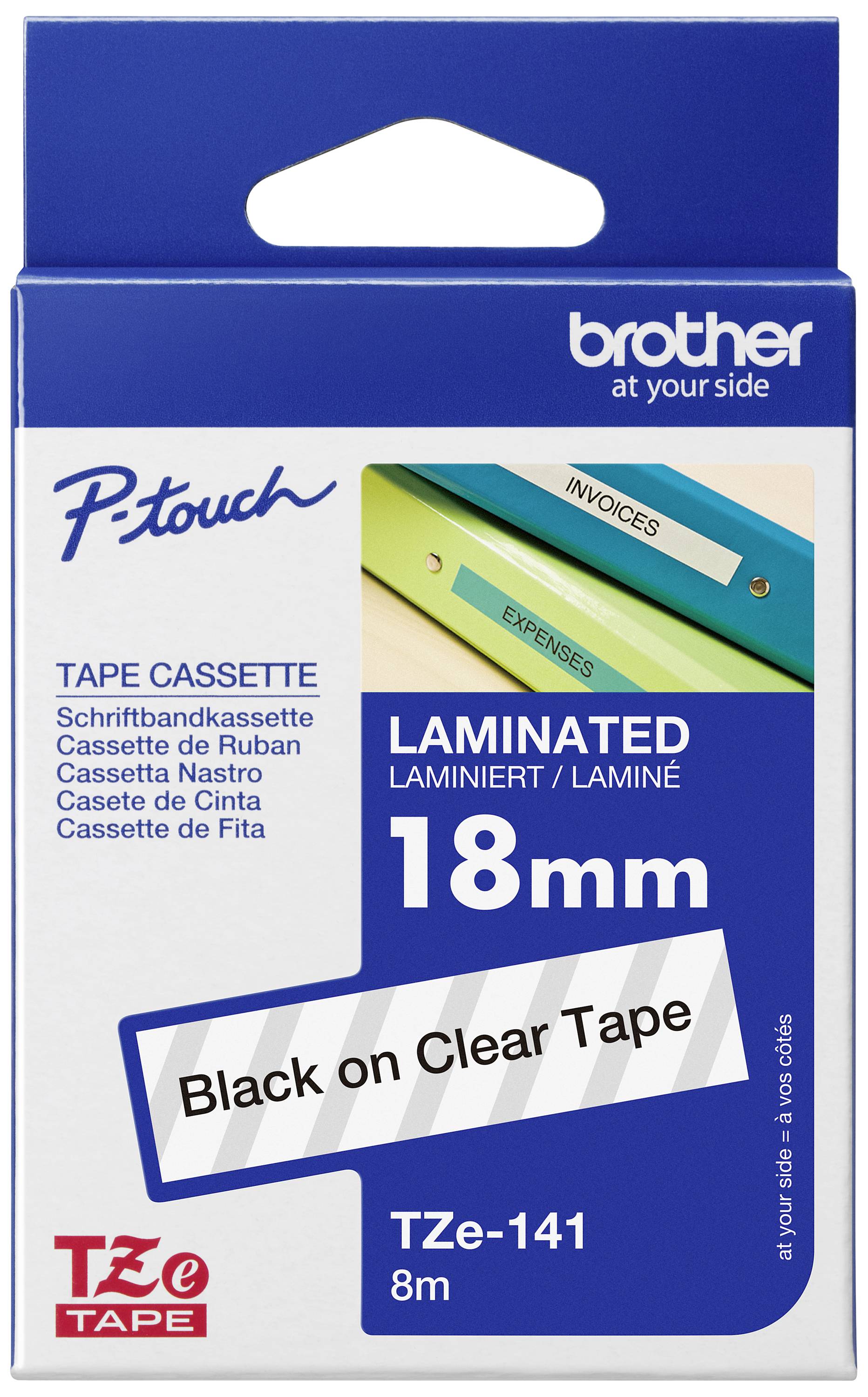 Cassetta nastro per etichettatrice P-Touch, laminata, 18 mm, nero su trasparente, compatibile con dispositivi Brother.