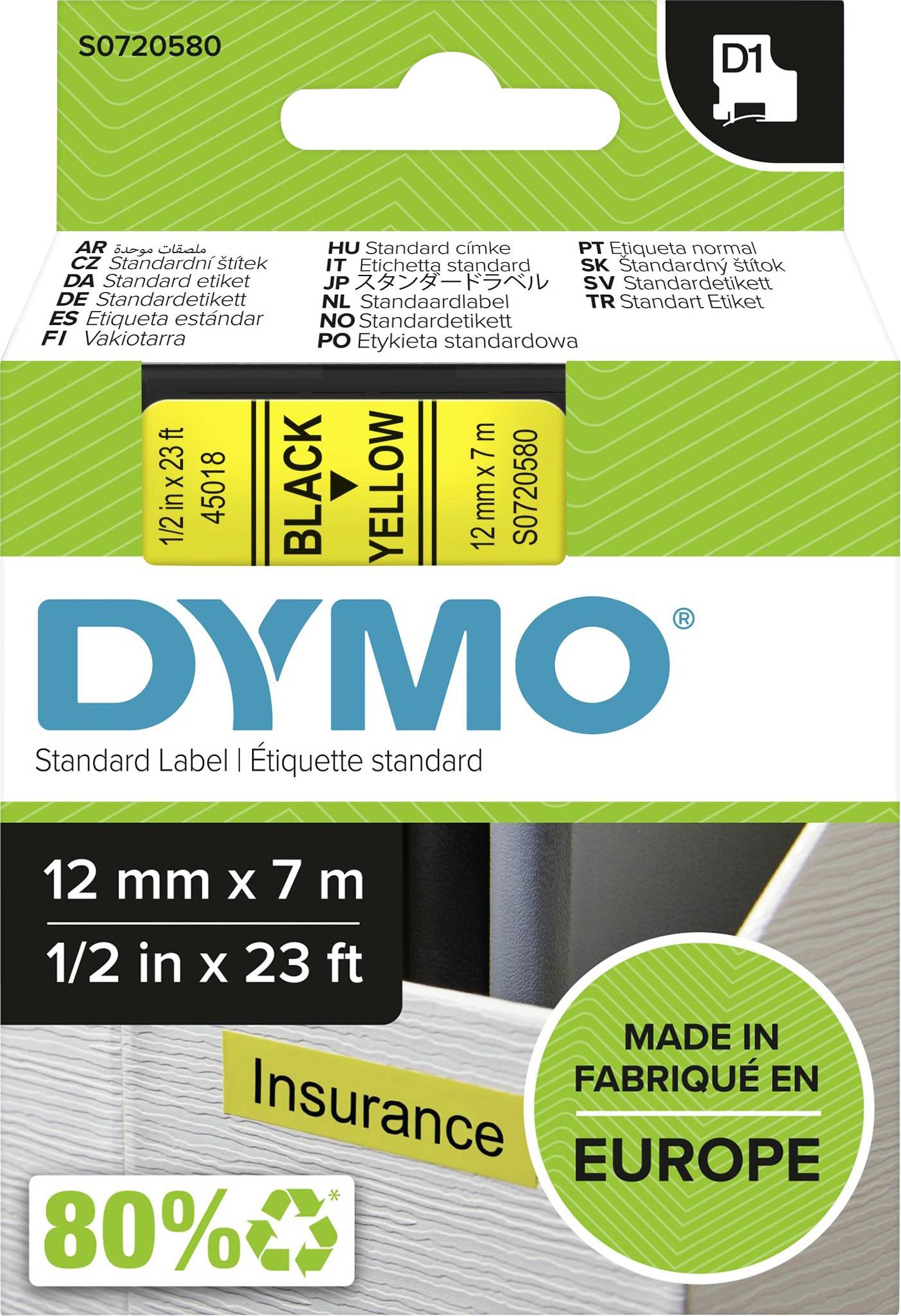 Confezione di etichette DYMO: Etichette standard in nero su giallo, 12 mm x 7 m, adatte per cartelle assicurative. Prodotte in Europa.