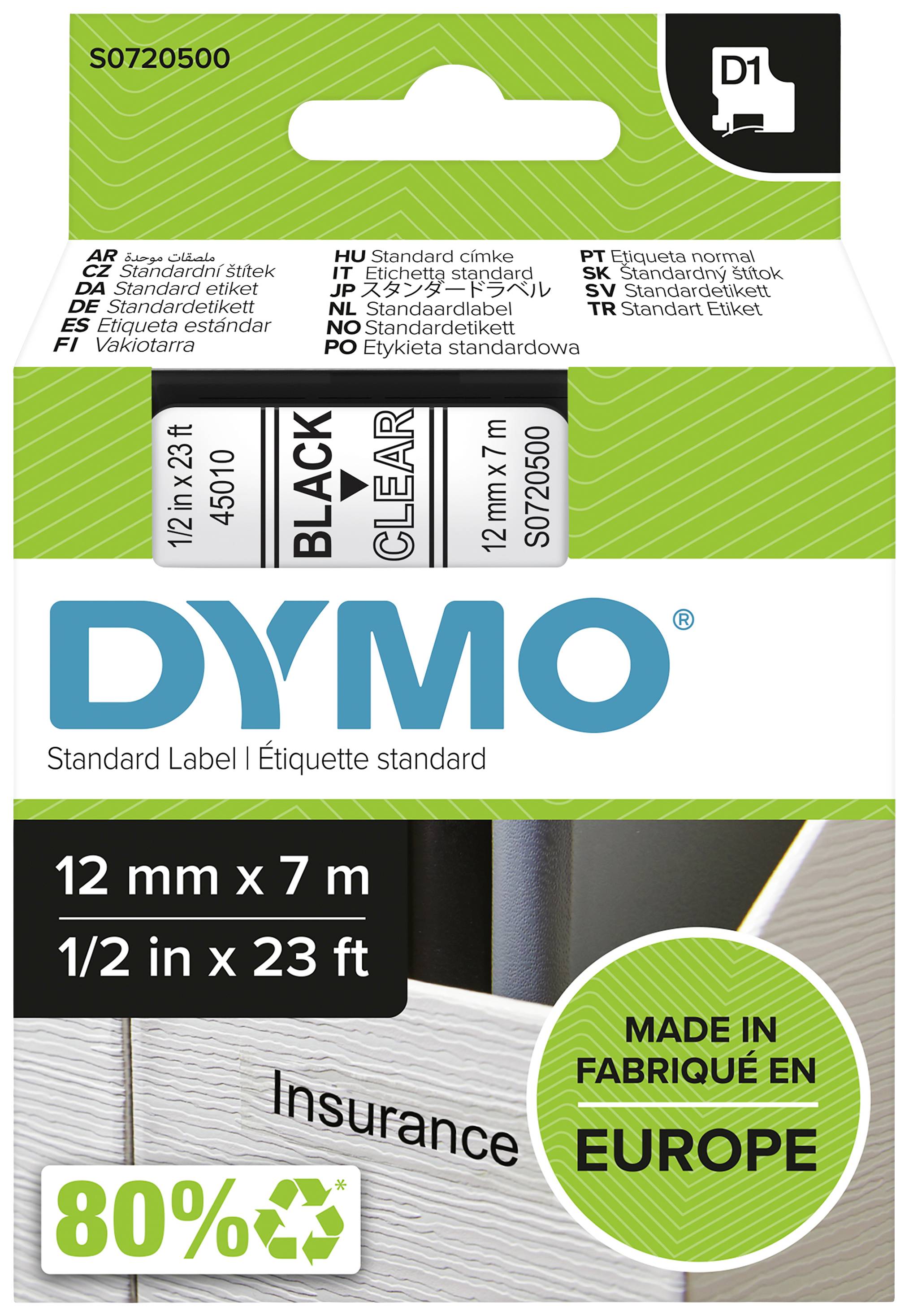 Nastro D1 per etichettatrici DYMO, nero su trasparente, 12 mm x 7 m. 'Prodotto in Europa'. Adatto per etichette standard.