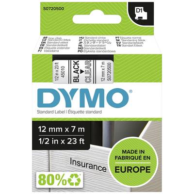 Nastro D1 per etichettatrici DYMO, nero su trasparente, 12 mm x 7 m. 'Prodotto in Europa'. Adatto per etichette standard.