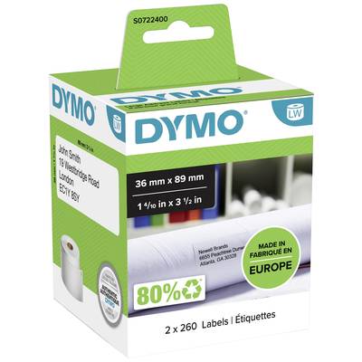 'Cartoncino etichette DYMO, 36 mm x 89 mm, 2 x 260 etichette, 80% riciclabile, prodotto in Europa.'