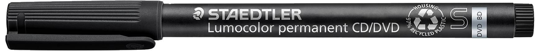 Una penna nera Staedtler con la scritta 'Lumocolor permanent CD/DVD', appositamente progettata per l'etichettatura di dischi.