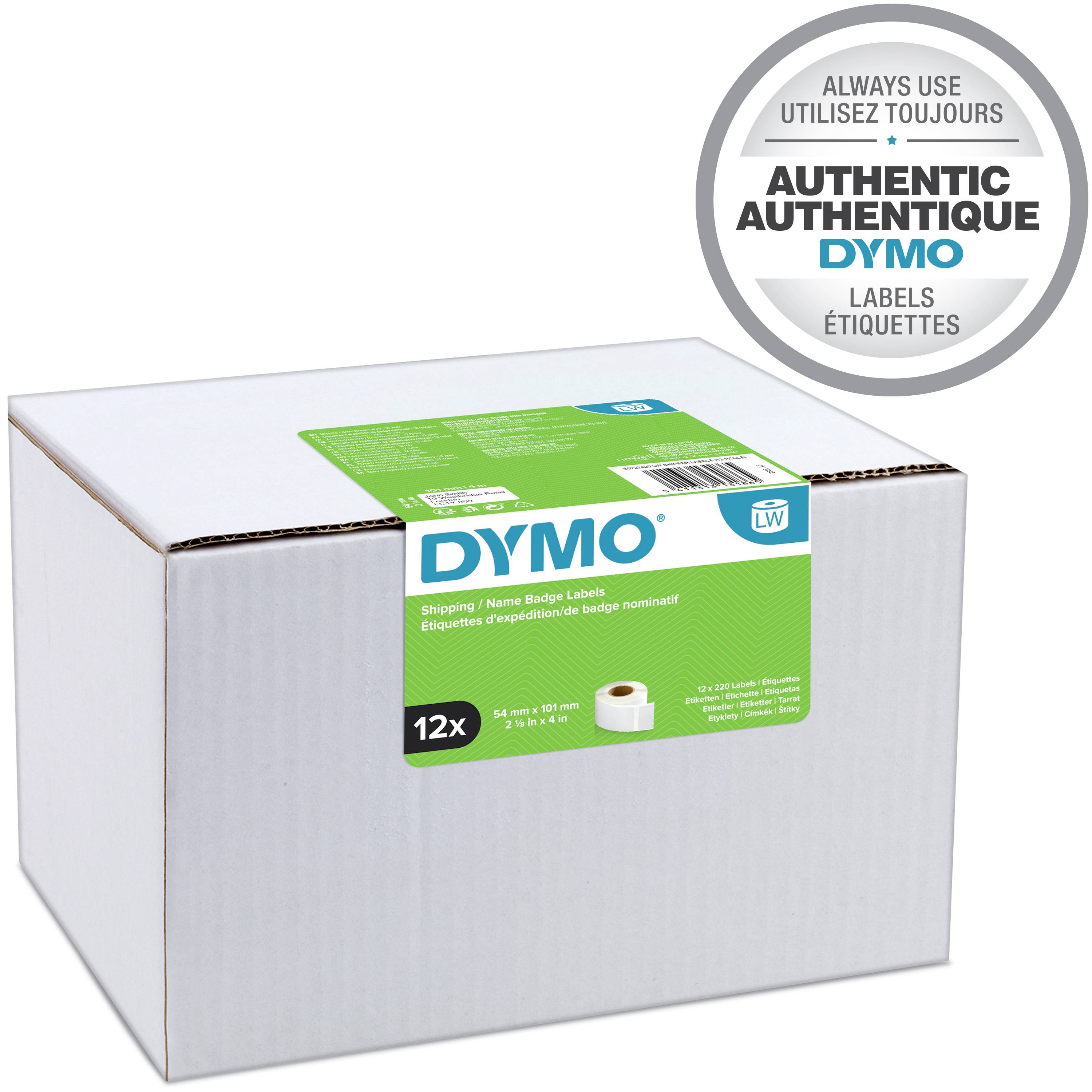 Rotoli di etichette con scritta 'Prodotto in Europa', 'Etichette Dymo Originali', logo Dymo in alto a sinistra, scritta verde in basso.