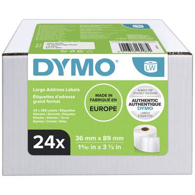 'DYMO LW Etichette Indirizzo Large, 24 Rotoli, 36 mm x 89 mm, Prodotte in Europa.' Confezione con design dell'etichetta verde.