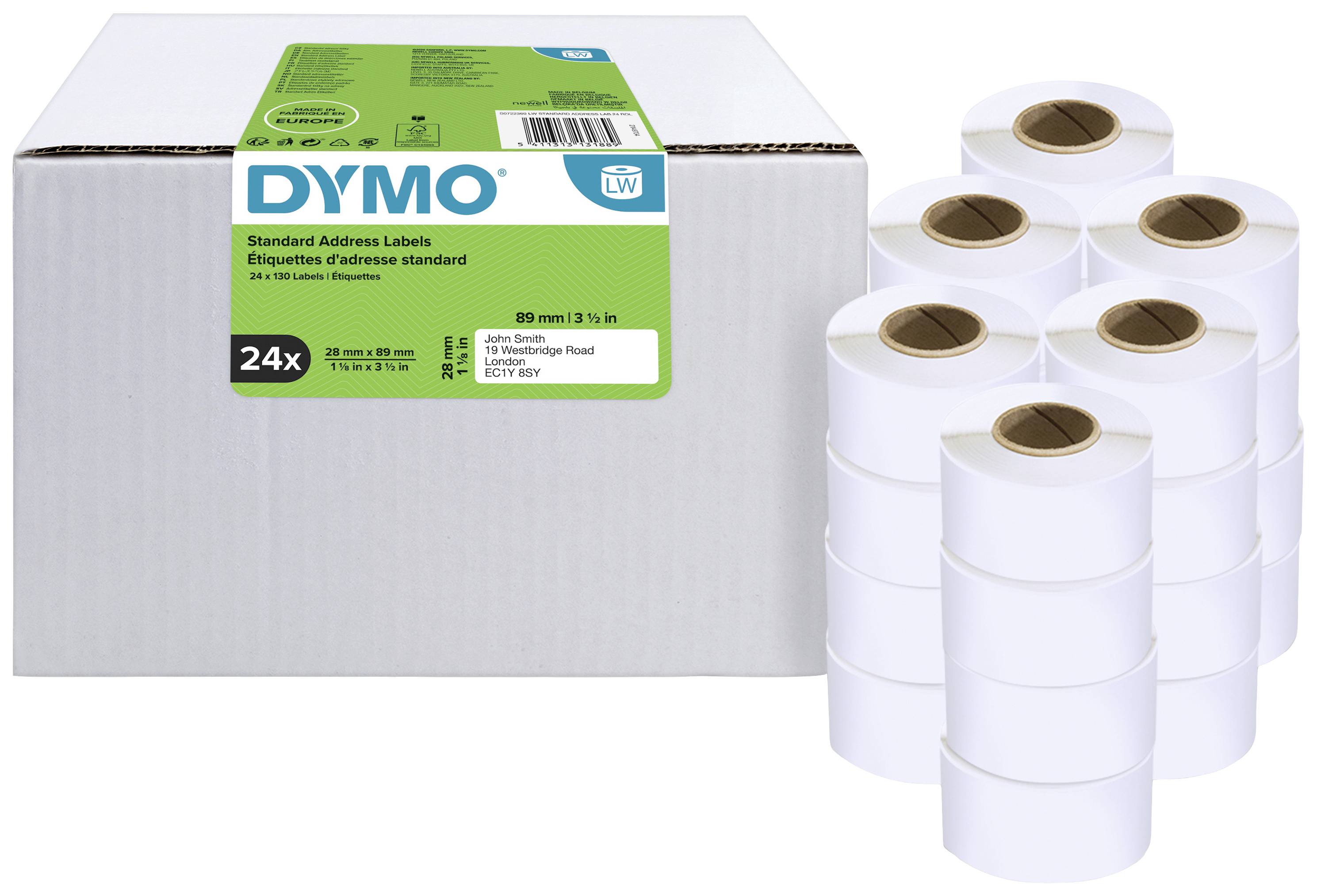 Una scatola con 24 rotoli di etichette indirizzo DYMO e un mucchio di singole rotoli di etichette. Ideale per stampanti per etichettare indirizzi.