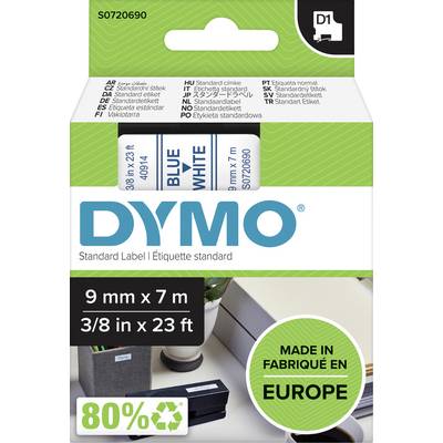 Etichetta per nastro DYMO Standard. Testo: '9 mm x 7 m'. Prodotto in Europa. 80% materiale riciclato.