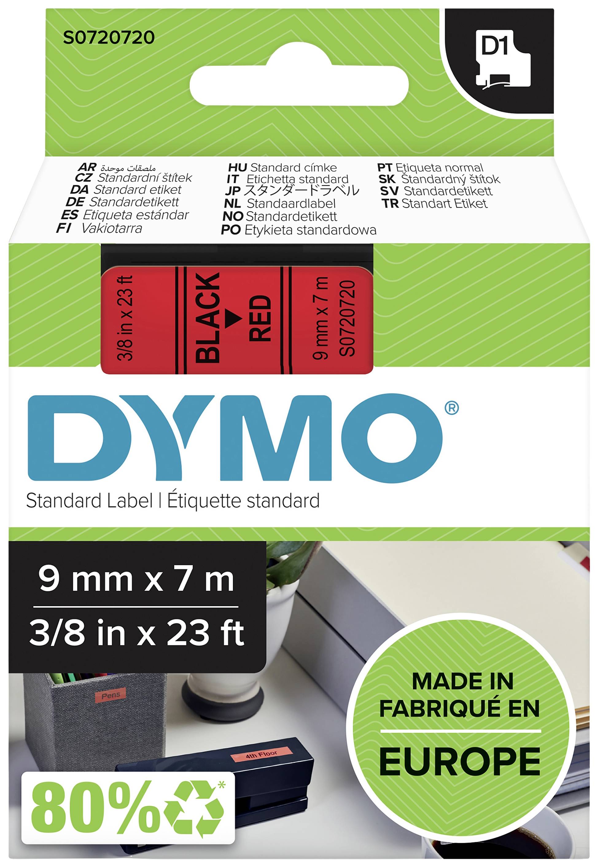 Confezione di etichette standard Dymo in nero e rosso. Dimensioni: 9 mm x 7 m. Nota: 'Fatto in Europa', materiale riciclato all'80%.