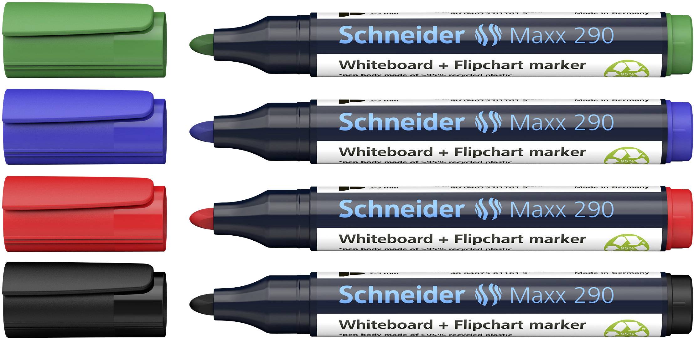 Quattro pennarelli per lavagna (verde, blu, rosso, nero) con la scritta 'Schneider Maxx 290 Whiteboard + Flipchart marker'.