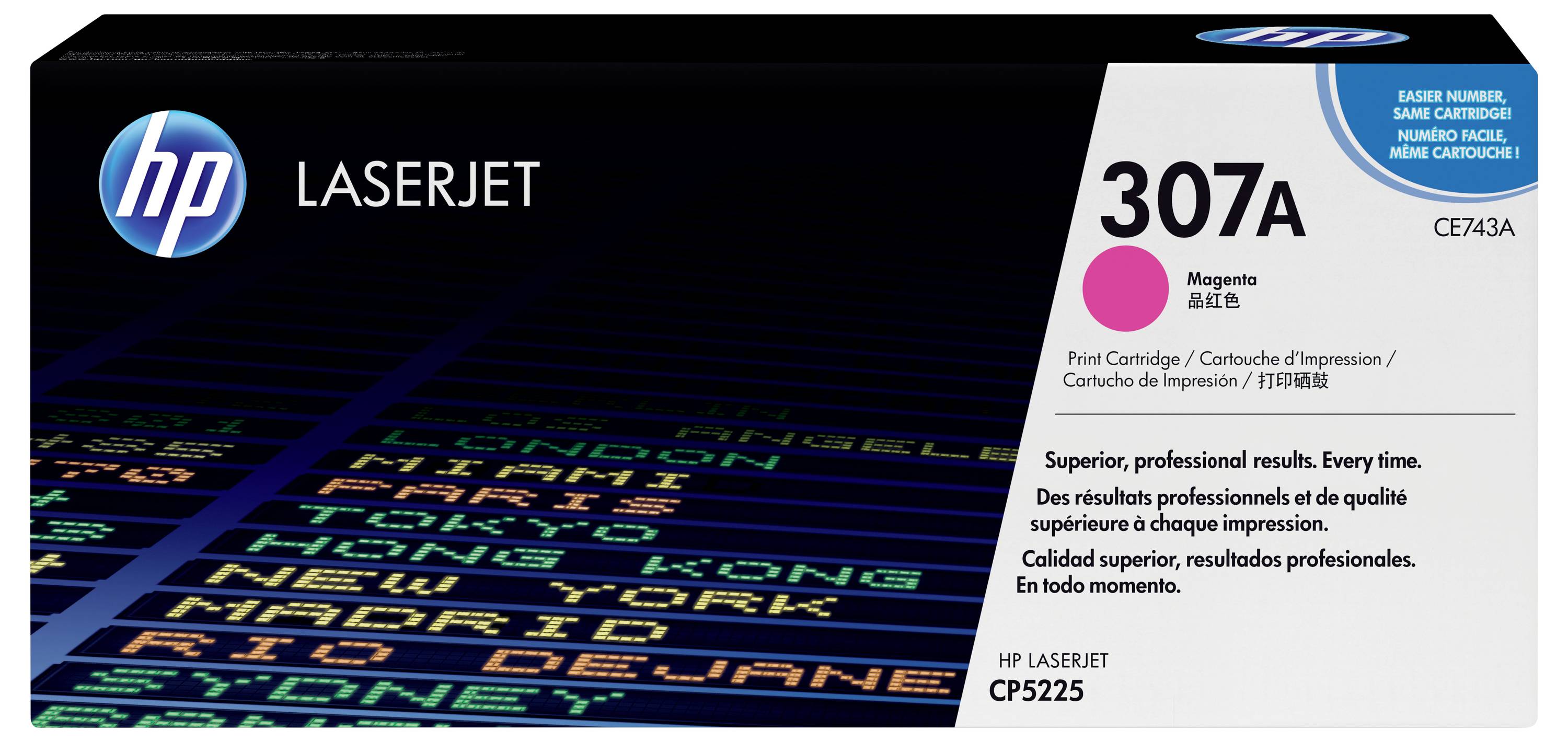 Cartuccia di toner magenta HP LaserJet 307A, modello CE743A, con etichetta "307A" e modello di stampante compatibile CP5225.