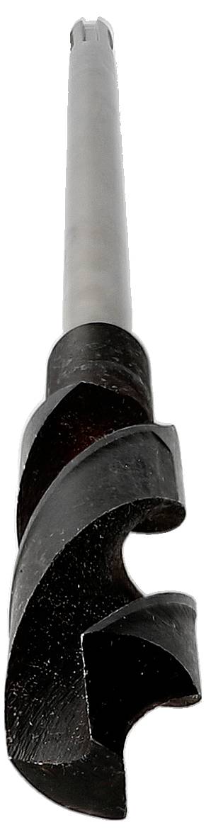 Primo piano di una grande punta per trapano a spirale nera con un lungo albero grigio, utilizzata per trapanare o forare materiali.