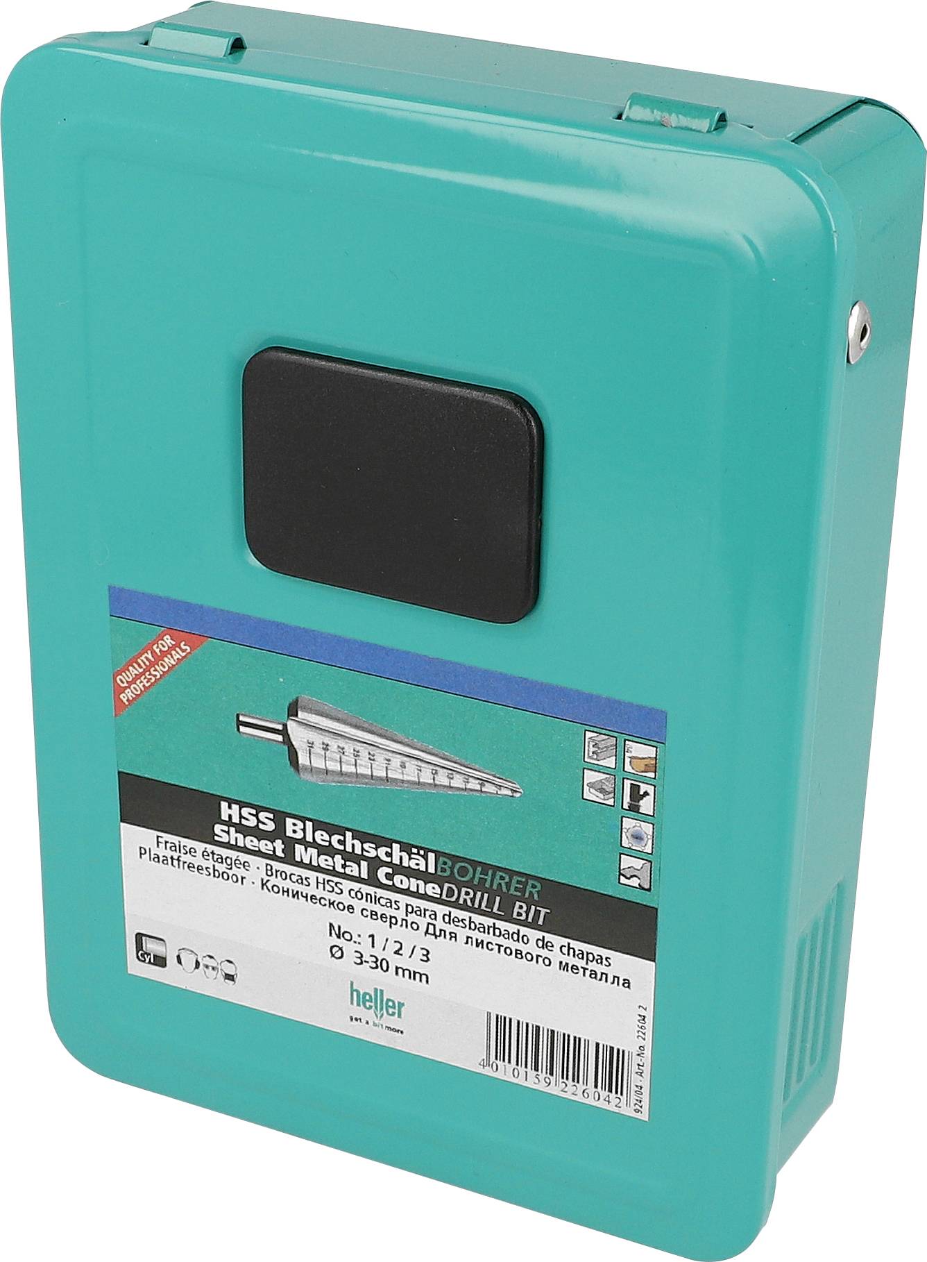 Scatola di archiviazione in plastica teal etichettata 'HSS Blechschälbohrer' per punte da trapano conico in lamiera, con un'impugnatura nera sulla parte anteriore.