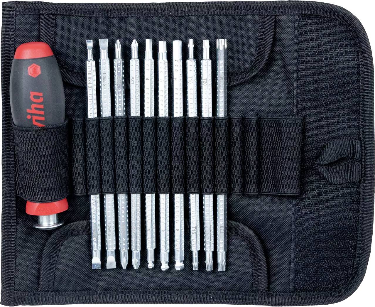 Un astuccio degli attrezzi nero con un manico per cacciavite e diverse punte di cacciavite.