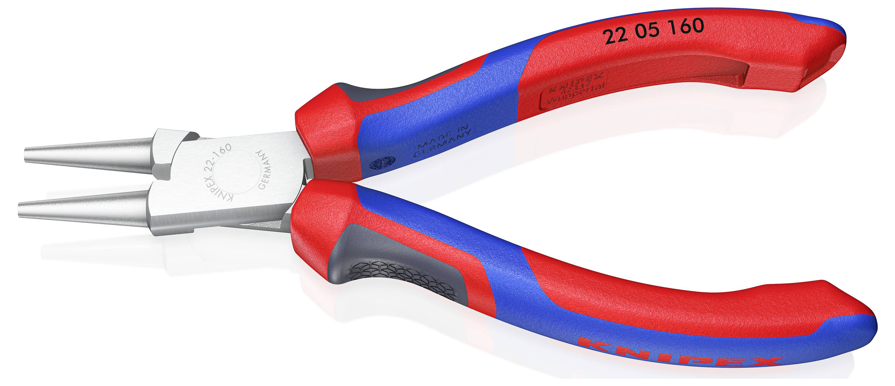 Pinze con punte in metallo, con manici rotondi rossi e blu, etichettate 'Knipex'.