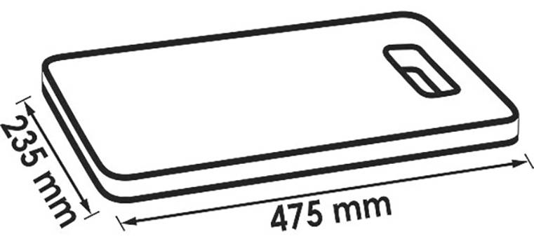 Illustrazione di un tagliere rettangolare con manico. Le dimensioni sono indicate come 475 mm di lunghezza e 235 mm di larghezza.