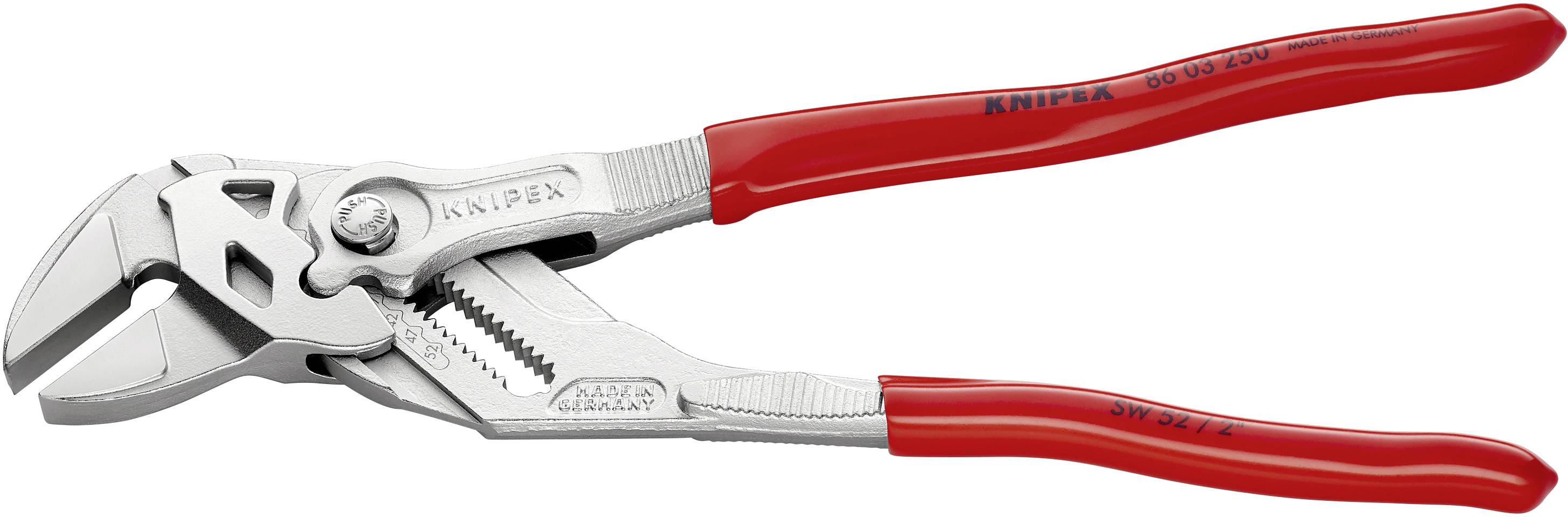 Una pinza regolabile rossa con mascelle intercambiabili per lavori di presa e avvitamento versatili.