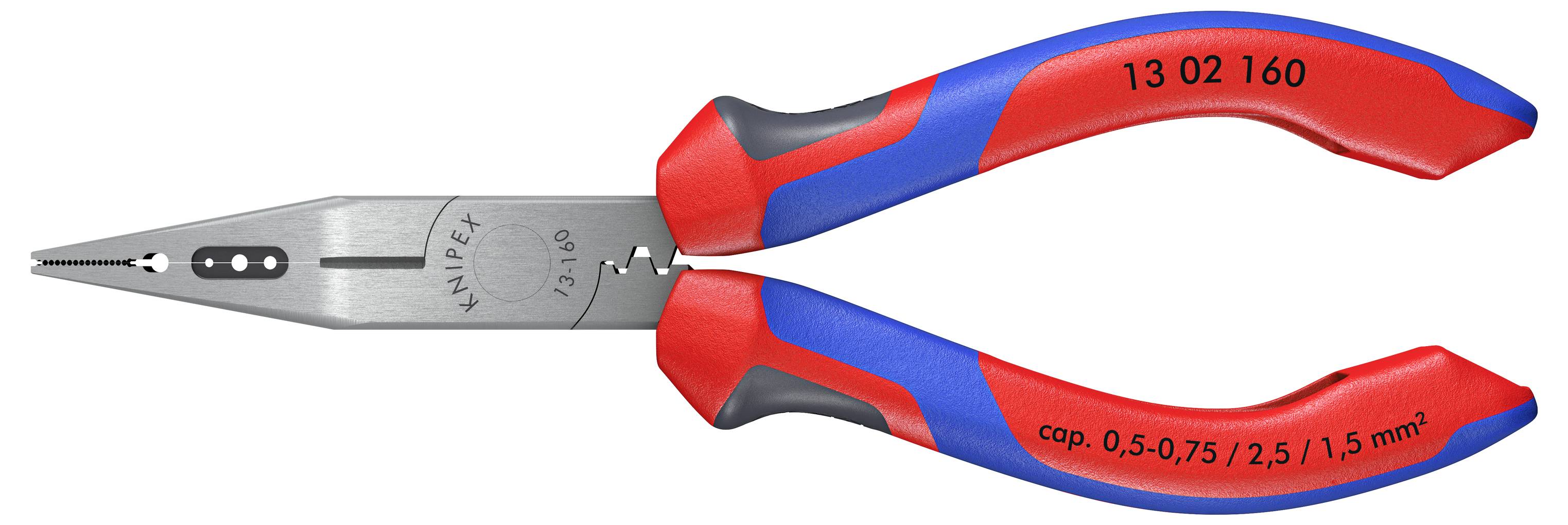 Una pinza combinata rossa e blu con la scritta 'cap. 0,5-0,75/2,5/1,5 mm²' e '13 02 160'; per tagliare e afferrare.