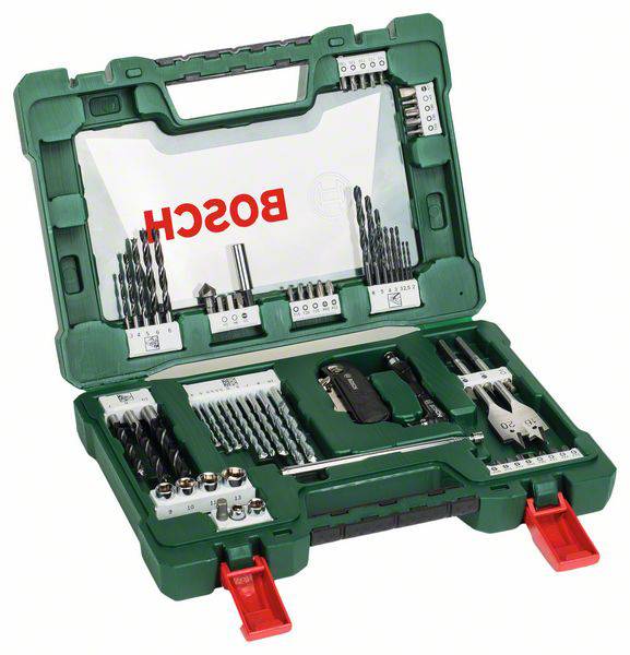 Valigia verde con logo Bosch, contiene un set di punte, bit e accessori per lavori fai-da-te.