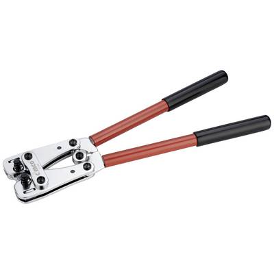 Pinza crimpatrice manuale con manico rosso e testa argentata, idonea per collegare cavi e conduttori elettrici.