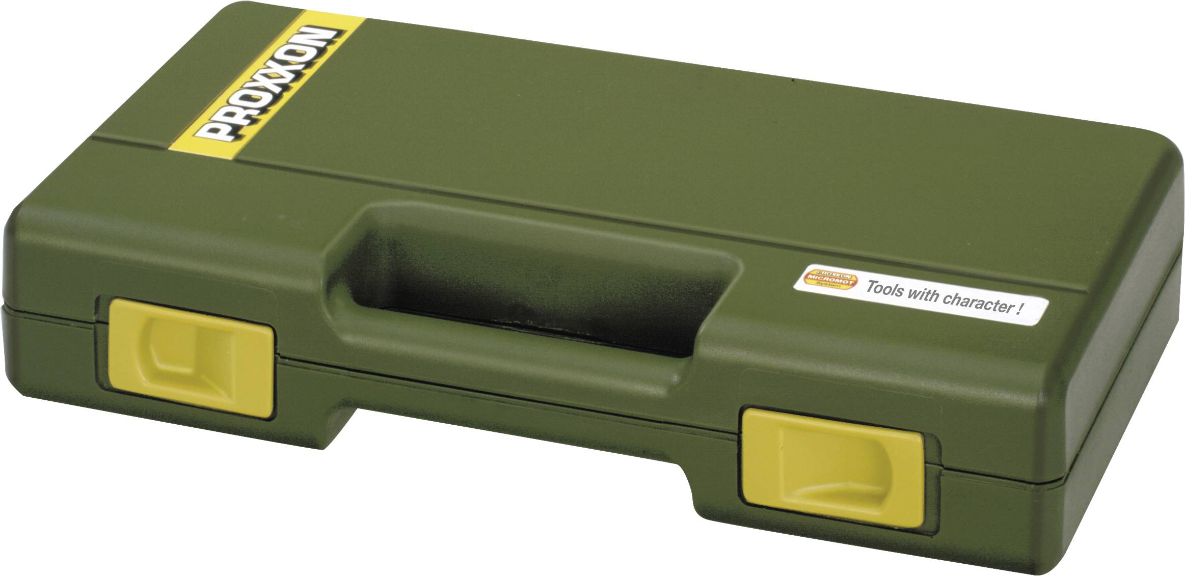 Valigetta degli attrezzi verde con chiusure gialle, contrassegnata con 'Proxxon' sulla parte superiore.
