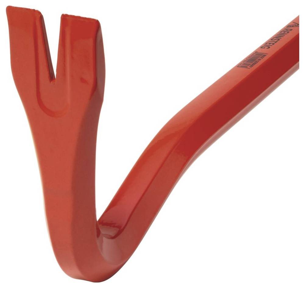 Un piede di porco rosso con un'estremità a forma di V progettato per rimuovere chiodi e fare leve. L'utensile è angolato, che evidenzia la sua robusta struttura metallica.