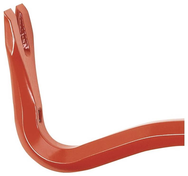 Un piede di porco rosso con un'estremità curva e un bordo per la leva, progettato per fornire forza e rimuovere chiodi.