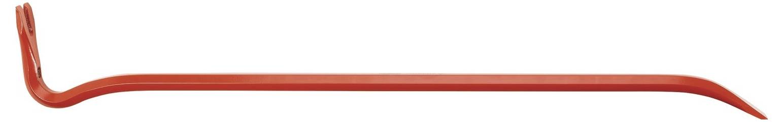 Un piede di porco rosso con un'estremità piatta e ricurva sul lato sinistro, utilizzato come strumento per sollevare e smontare oggetti.