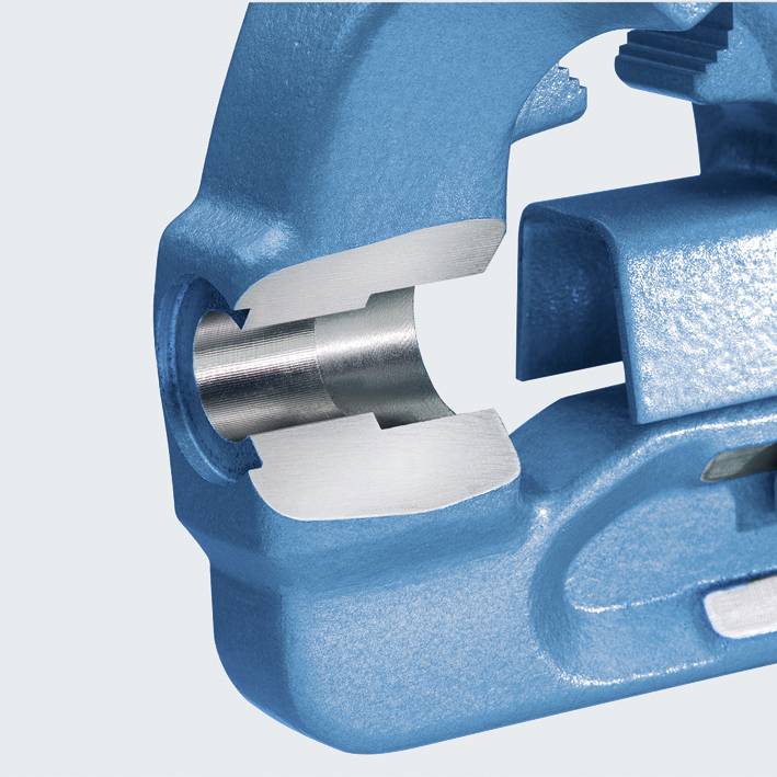 Utensile da taglio in metallo blu con lama simile all'acciaio al centro, l'apparecchio è aperto e mostra una meccanica ricca di dettagli.