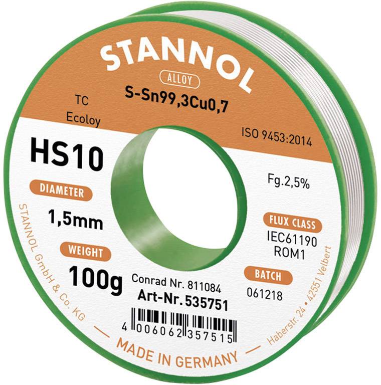 Rotolo di stagno 'Stannol', lega S-Sn99,3Cu0,7, diametro 1,5 mm, peso 100 g, classe di flusso IEC61190 ROM1, made in Germany.