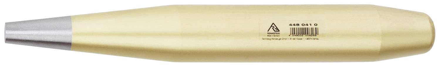 Un rullo metallico giallo-dorato, cilindrico che si assottiglia conico, con un codice a barre e un numero sul lato.