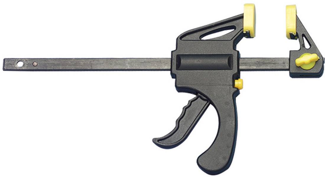 Una morsa a una mano di colore nero con accenti gialli, utilizzata per fissare materiali durante lavori di legno e metallo.