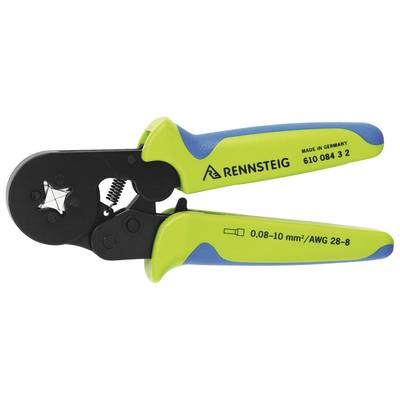 Pinza crimpatrice con impugnature blu-verdi. Adatta per cavi da 0,08-10 mm²/AWG 28-8. Marca: Rennsteig, prodotta in Germania.