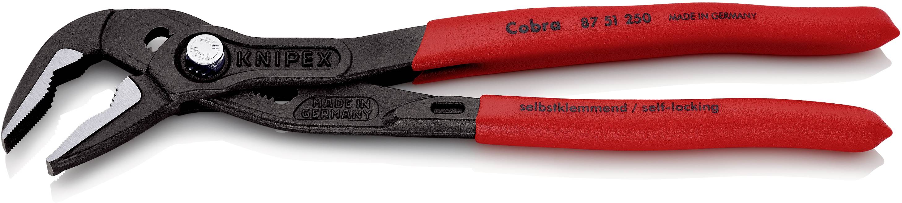Pinza regolabile Knipex per pompe dell'acqua di colore rosso, con incisione 'Cobra' e 'Self-locking', adatta per diverse attività di presa e rotazione.
