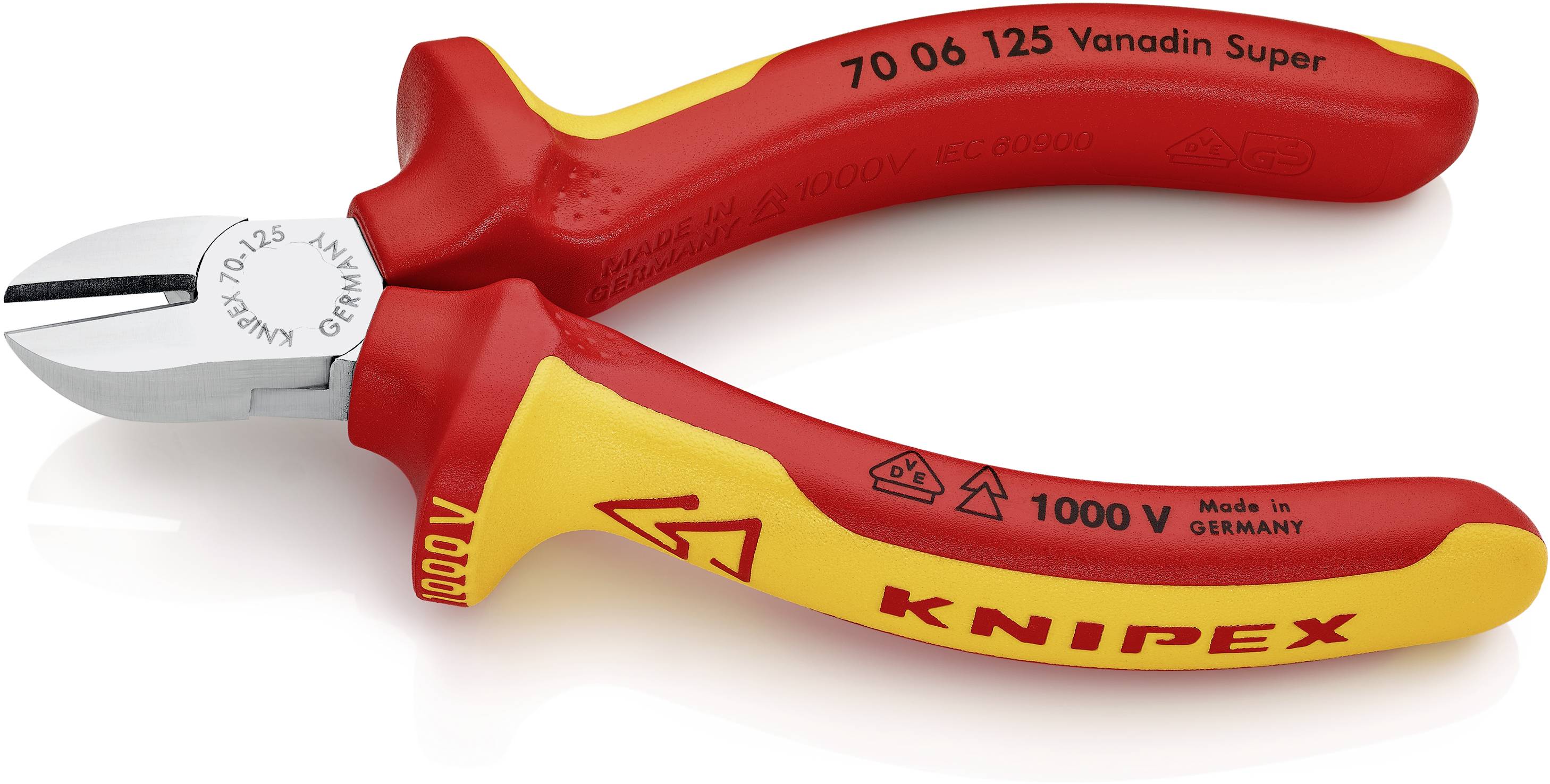 Pinza laterale KNIPEX rossa e gialla, idonea per lavori sotto tensione fino a 1000 V, con design robusto e isolato.