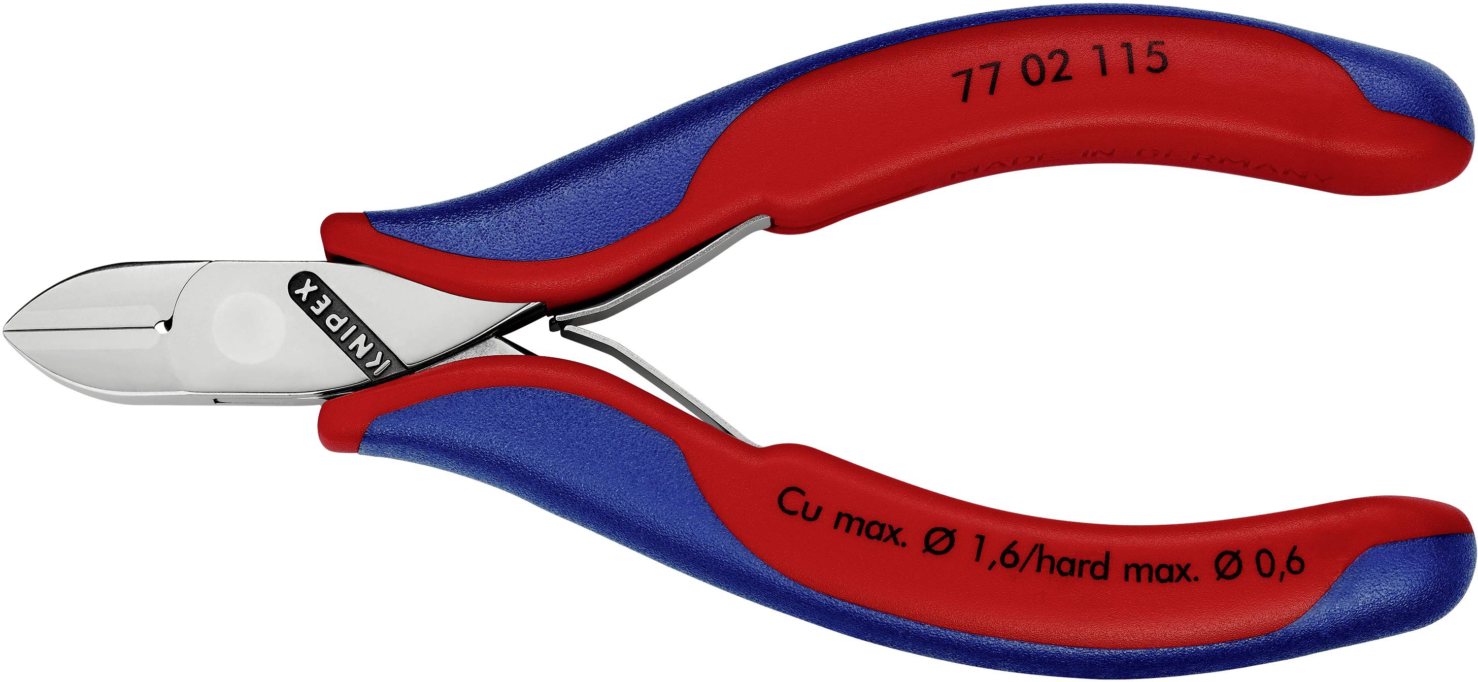 Pinza laterale con impugnature rosse e blu, adatta per cavi in rame fino a 1,6 mm e fili duri fino a 0,6 mm di diametro.