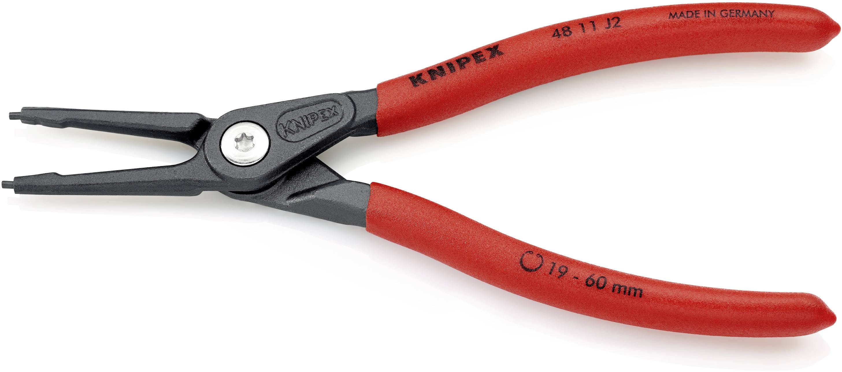 Pinza per anelli di sicurezza con testa nera e scritta 'KNIPEX', adatta per anelli da 19-60mm, fabbricata in Germania.