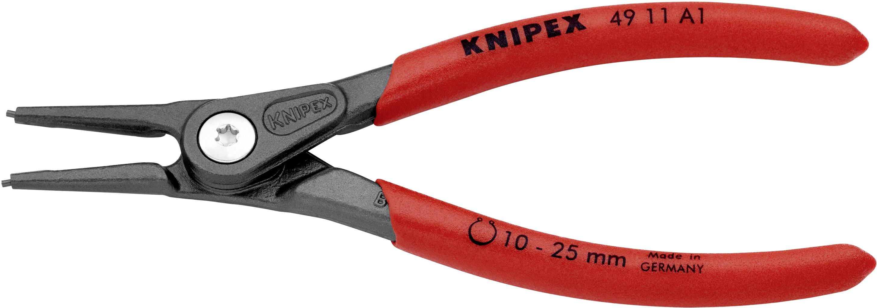 Una pinza per anelli elastici Knipex di colore rosso con punte di presa nere, adatta per la manipolazione di anelli elastici con diametro da 10 a 25 mm.