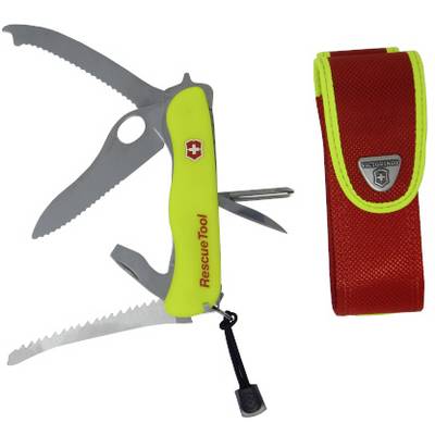 Un coltellino svizzero giallo con diversi strumenti, inclusi sega e forbici, adagiato accanto a un fodero rosso. Ideale per operazioni di soccorso.