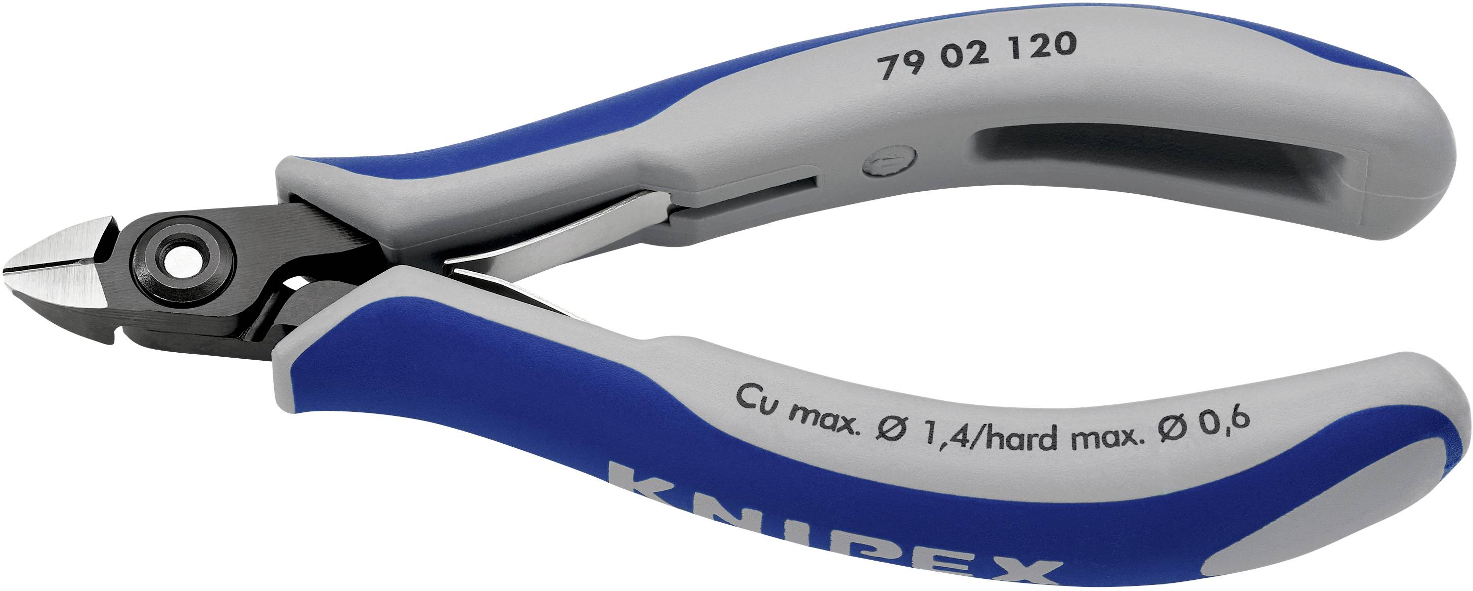 Tronchese laterale blu e grigia con scritta 'Knipex' sul manico. Progettata per tagliare con precisione fili di rame e fili duri.